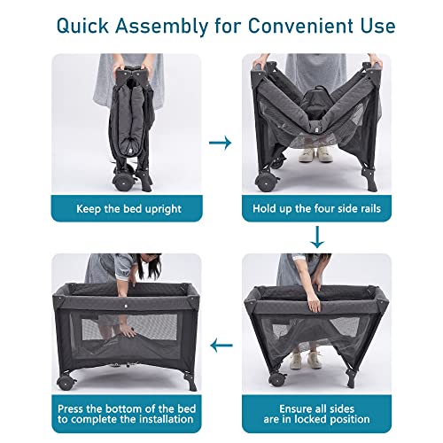 4 In 1 Portable Baby Crib And Nursery Center With Removable Canopy, Changing Table, Lockable Wheels And Storage Bag