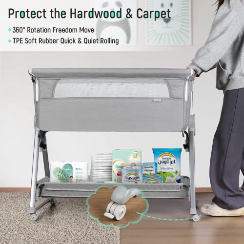 Cowiewie Baby Bassinet Beside Sleeper With Easy Folding Storage Basket And Wheels For Convenient Nighttime Care