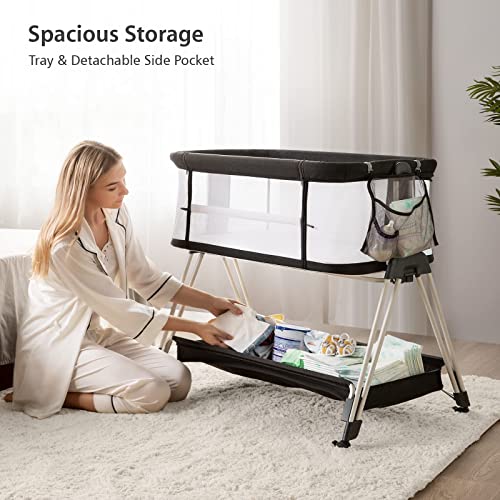 4 Sided Mesh Baby Bassinet Bedside Sleeper With Wheels Storage Tray 7 Height Adjustable