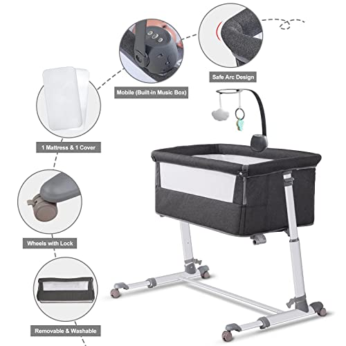 Bedside Bassinet With Wheels And Music Box Height Adjustable To Fit Your Bed For Safe Nighttime Care