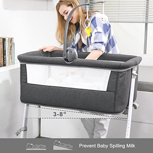 Bedside Bassinet With Wheels And Music Box Height Adjustable To Fit Your Bed For Safe Nighttime Care