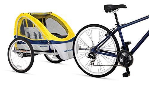 Tow Behind Child Bike Trailer With Canopy And Double Seat For Two Riders 20 Inch Wheels Yellow