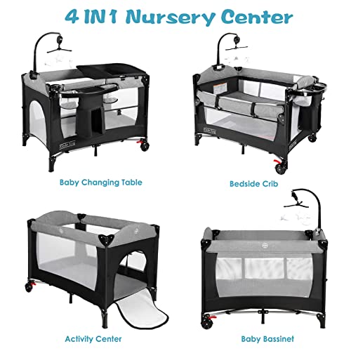 4 In 1 Portable Nursery Center Foldable Bedside Crib With Bassinet Pack N Play And Changing Table Storage Basket
