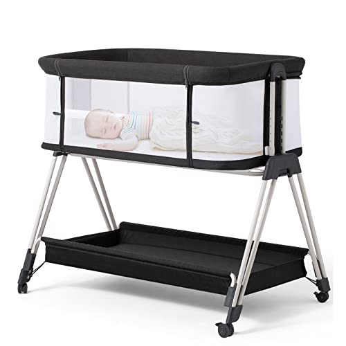 4 Sided Mesh Baby Bassinet Bedside Sleeper With Wheels Storage Tray 7 Height Adjustable
