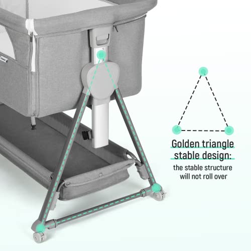 Cowiewie Baby Bassinet Beside Sleeper With Easy Folding Storage Basket And Wheels For Convenient Nighttime Care