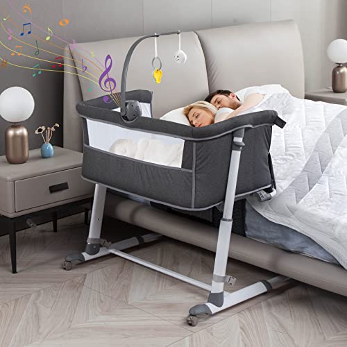 Bedside Bassinet With Wheels And Music Box Height Adjustable To Fit Your Bed For Safe Nighttime Care