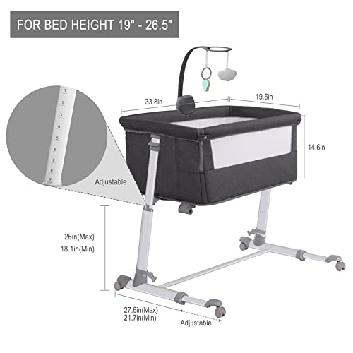 Bedside Bassinet With Wheels And Music Box Height Adjustable To Fit Your Bed For Safe Nighttime Care