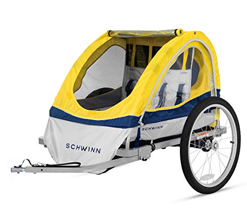 Tow Behind Child Bike Trailer With Canopy And Double Seat For Two Riders 20 Inch Wheels Yellow