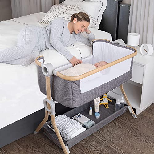 Portable Baby Bassinet Bedside Sleeper With Easy Fold Storage Basket Comfy Mattress And Travel Bag For Newborn