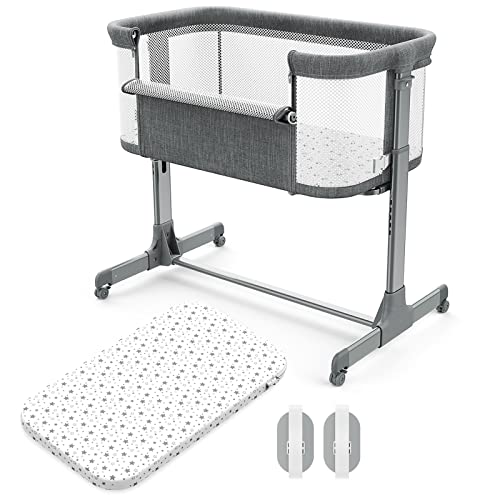 Portable Mesh Bassinet On Wheels With Height Adjustable Bedside Design And Comfy Mattress