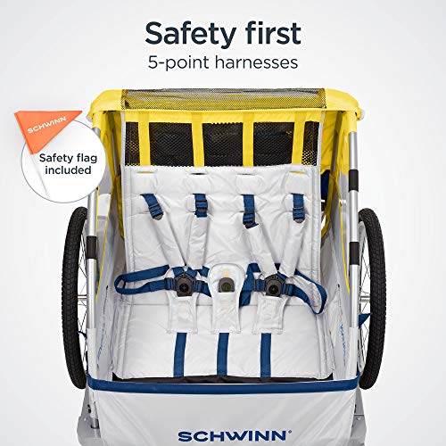 Tow Behind Child Bike Trailer With Canopy And Double Seat For Two Riders 20 Inch Wheels Yellow