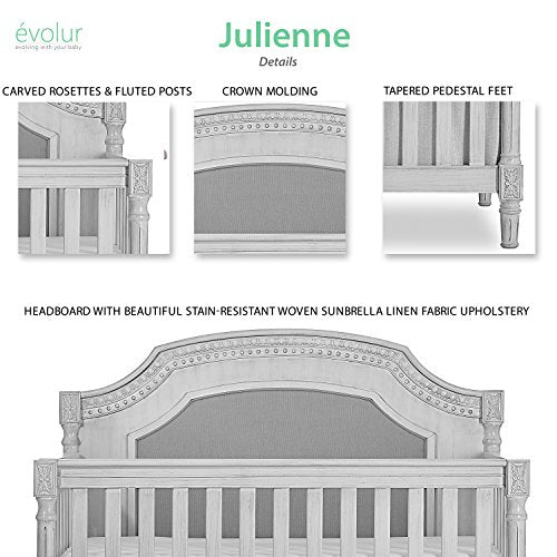 Evolur Julienne 5 in 1 Convertible Crib With Kiln Dried Hardwood Frame And Timeless French Country Craftsmanship