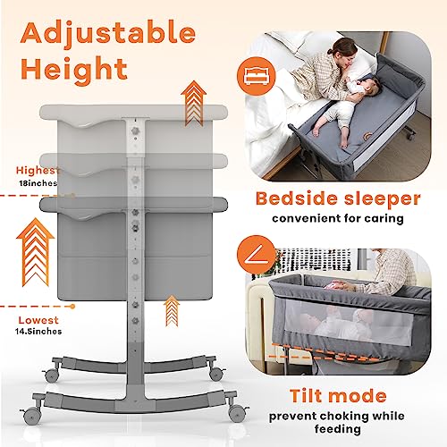 3 In 1 Baby Bedside Crib With Large Curvature Cradle Adjustable And Movable Bassinet With Mosquito Net