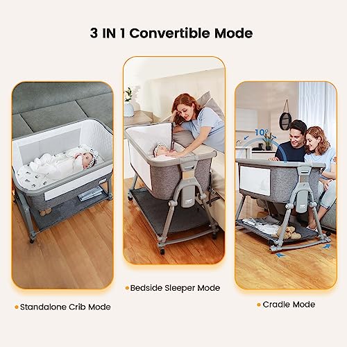 3 In 1 Foldable Baby Bassinet Bedside Sleeper With Large Storage Basket And Breathable Mesh