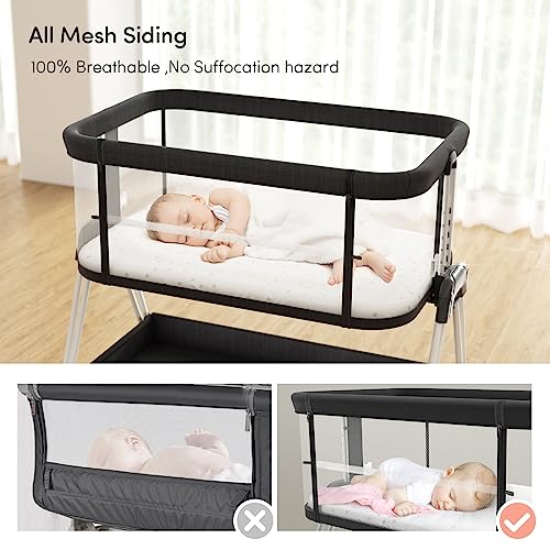 4 Sided Mesh Baby Bassinet Bedside Sleeper With Wheels Storage Tray 7 Height Adjustable