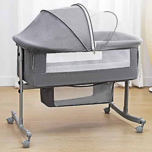 3 In 1 Baby Bedside Crib With Large Curvature Cradle Adjustable And Movable Bassinet With Mosquito Net