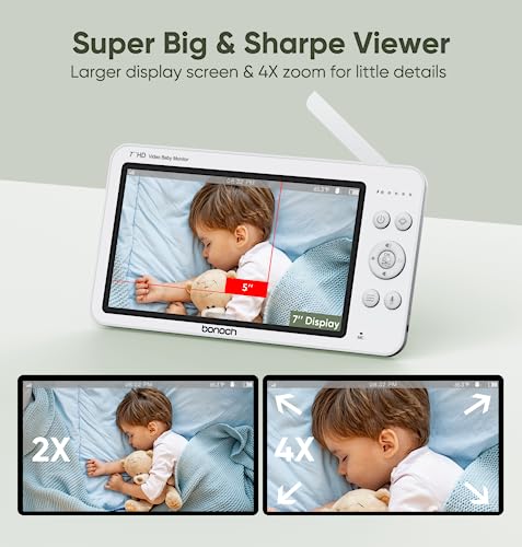 Two Camera Baby Monitor With 7 Inch Split Screen HD Video Long Range 1000 ft 6000 mAh Battery