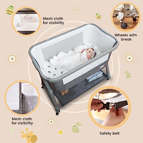 3 In 1 Foldable Baby Bassinet Bedside Sleeper With Large Storage Basket And Breathable Mesh