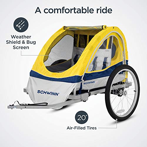 Tow Behind Child Bike Trailer With Canopy And Double Seat For Two Riders 20 Inch Wheels Yellow