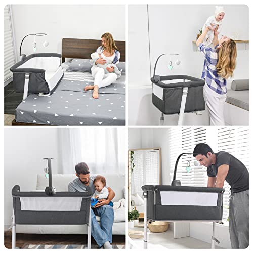 Bedside Bassinet With Wheels And Music Box Height Adjustable To Fit Your Bed For Safe Nighttime Care