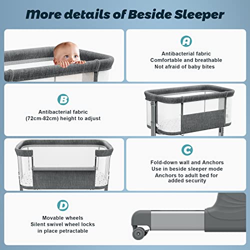 Portable Mesh Bassinet On Wheels With Height Adjustable Bedside Design And Comfy Mattress