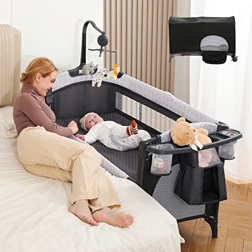 4 In 1 Baby Bedside Bassinet Crib With Diaper Change Station And Pack And Play Mattress