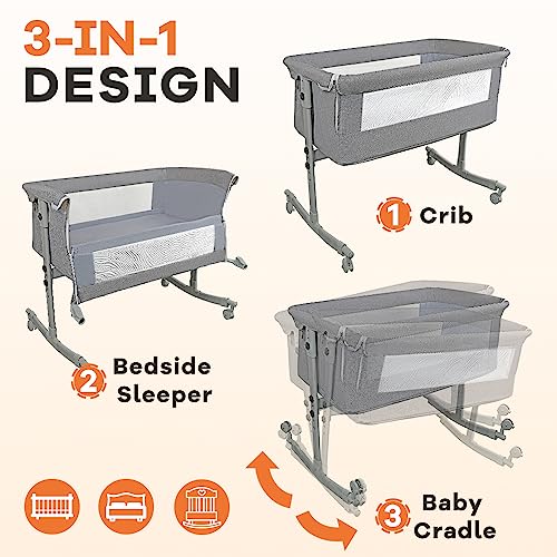 3 In 1 Baby Bedside Crib With Large Curvature Cradle Adjustable And Movable Bassinet With Mosquito Net