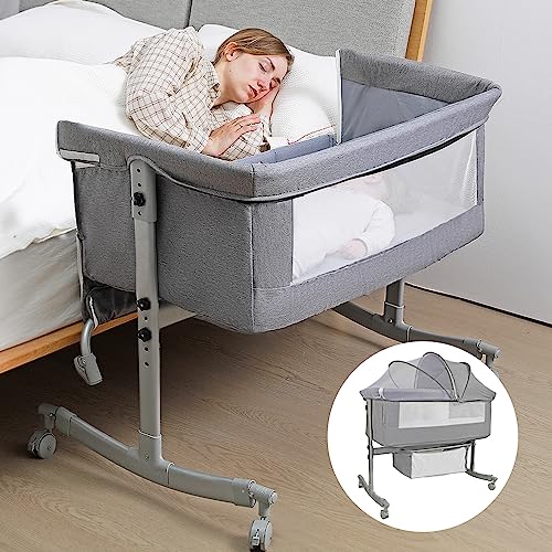 3 In 1 Baby Bedside Crib With Large Curvature Cradle Adjustable And Movable Bassinet With Mosquito Net