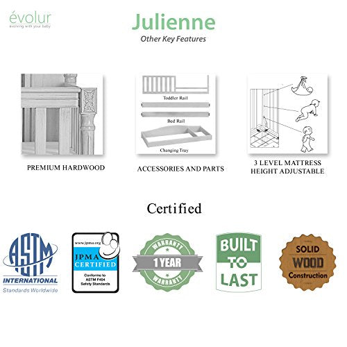 Evolur Julienne 5 in 1 Convertible Crib With Kiln Dried Hardwood Frame And Timeless French Country Craftsmanship