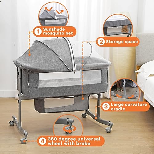 3 In 1 Baby Bedside Crib With Large Curvature Cradle Adjustable And Movable Bassinet With Mosquito Net