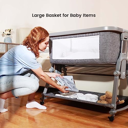 3 In 1 Foldable Baby Bassinet Bedside Sleeper With Large Storage Basket And Breathable Mesh