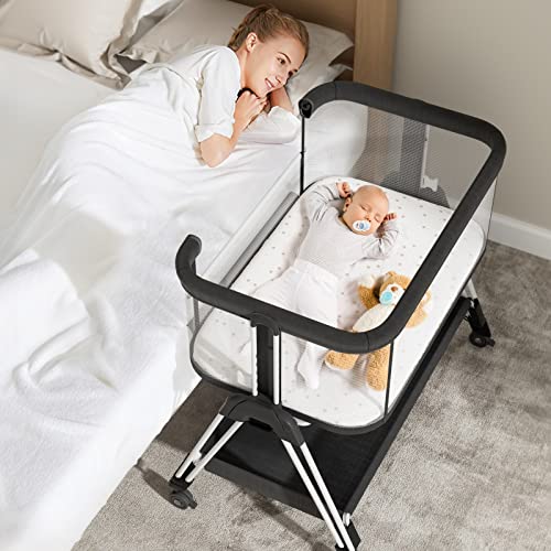 4 Sided Mesh Baby Bassinet Bedside Sleeper With Wheels Storage Tray 7 Height Adjustable